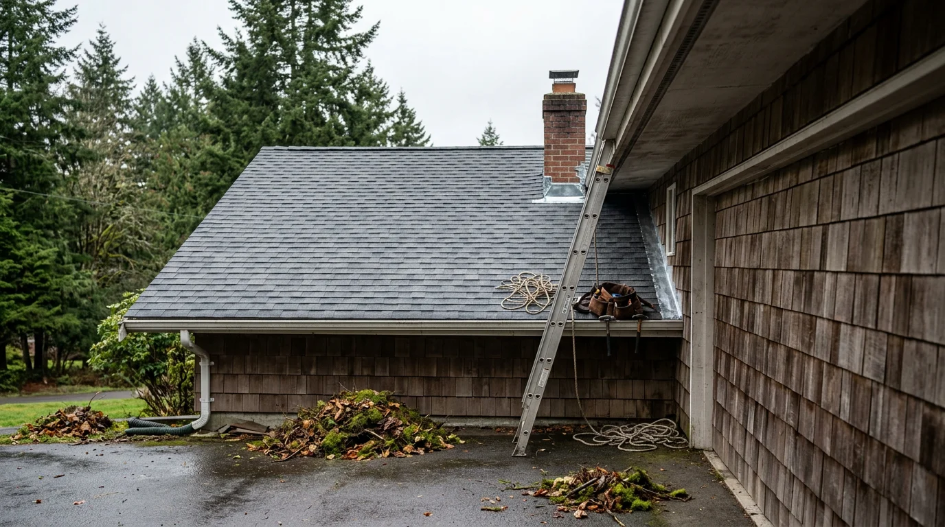 Emergency roof repair work being performed on a residential home after storm damage