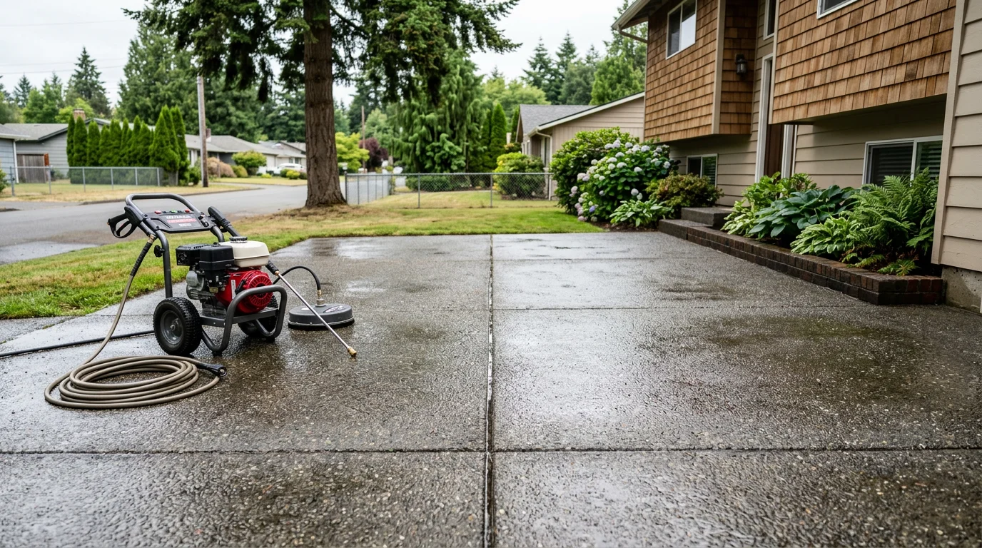 Professional pressure washing cleaning a residential driveway in Centralia, WA