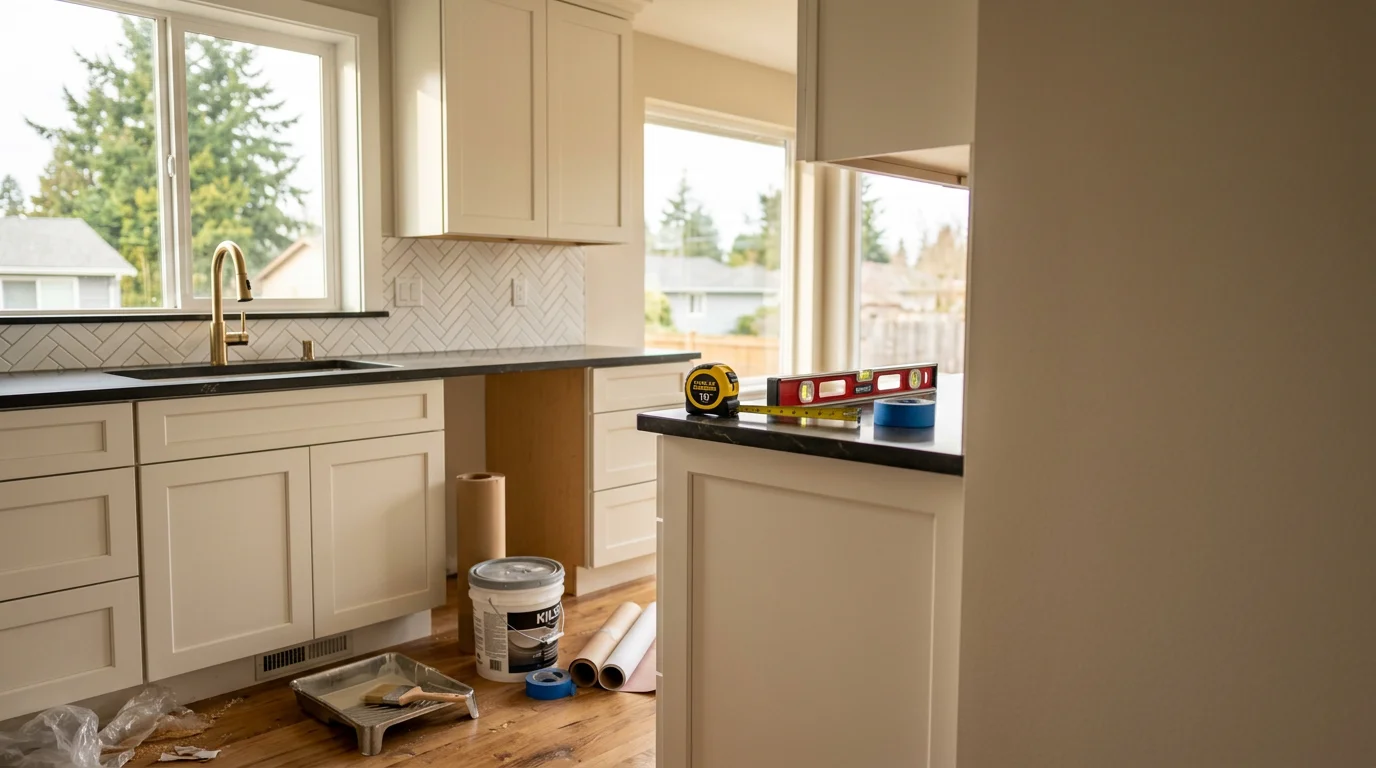Modern kitchen interior with custom cabinetry, granite countertops, and updated appliances