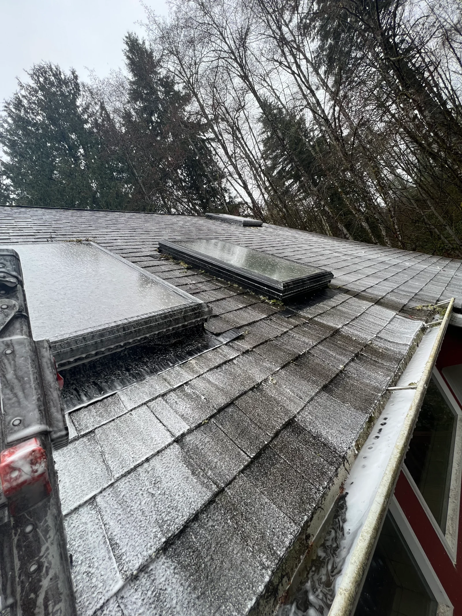 Gray asphalt shingle roof with two skylights and white gutters installed