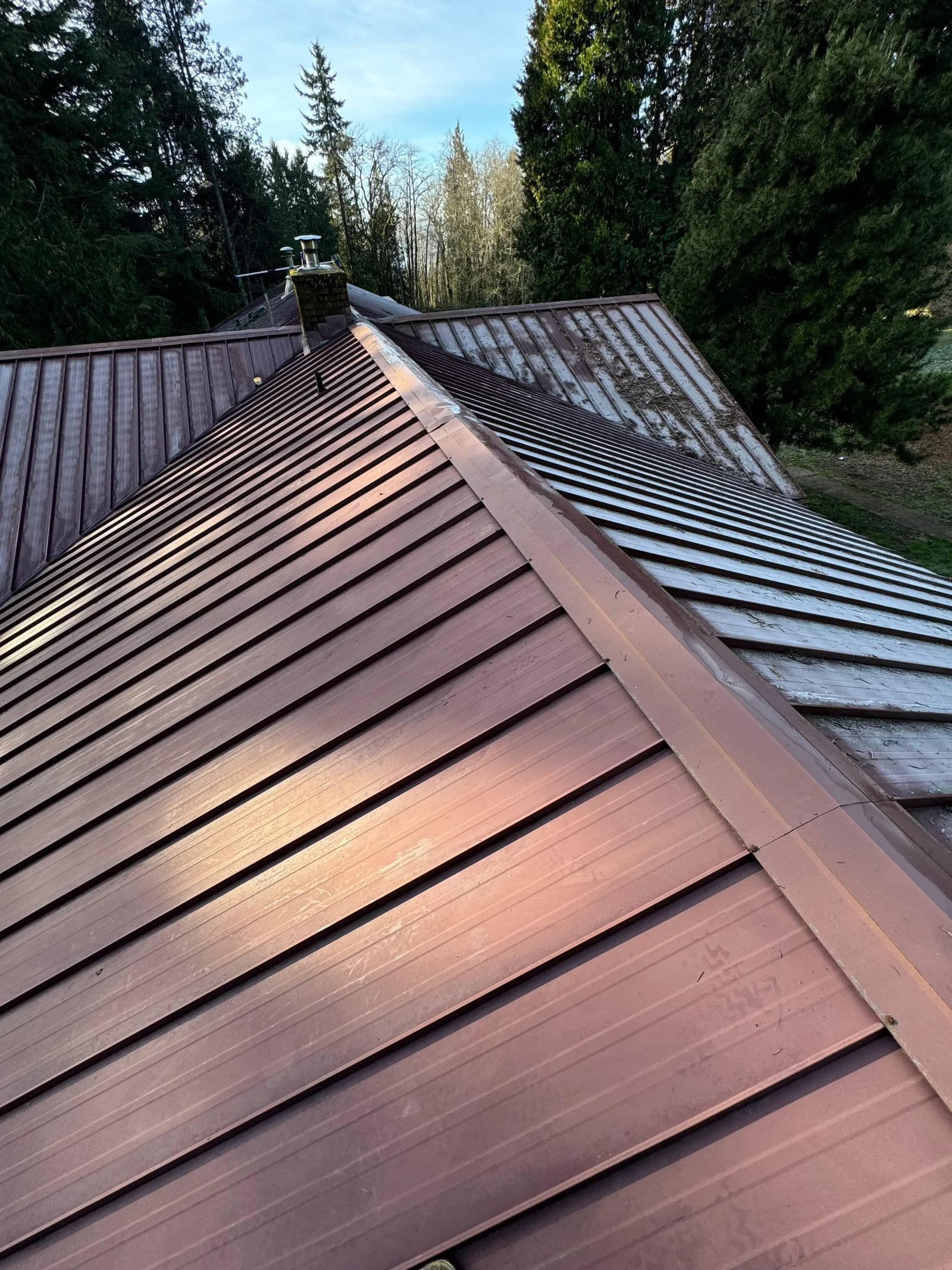 Standing seam metal roof with vertical panels, ridge flashing, and brick chimney on residential home