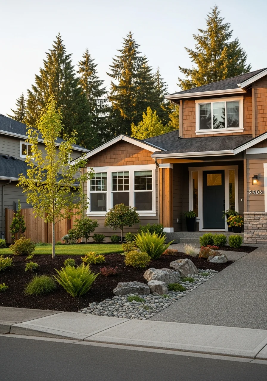 Camas home exterior with modern design elements and manicured landscape in the Gorge region.