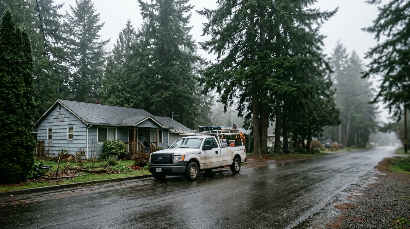 Wet winter landscape in Castle Rock, WA with evergreen trees and overcast sky, showing typical Pacific Northwest weather conditions