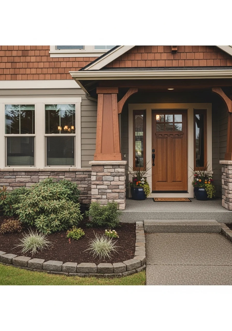 Close-up of a Centralia home's front entrance with landscaping and local architectural details.