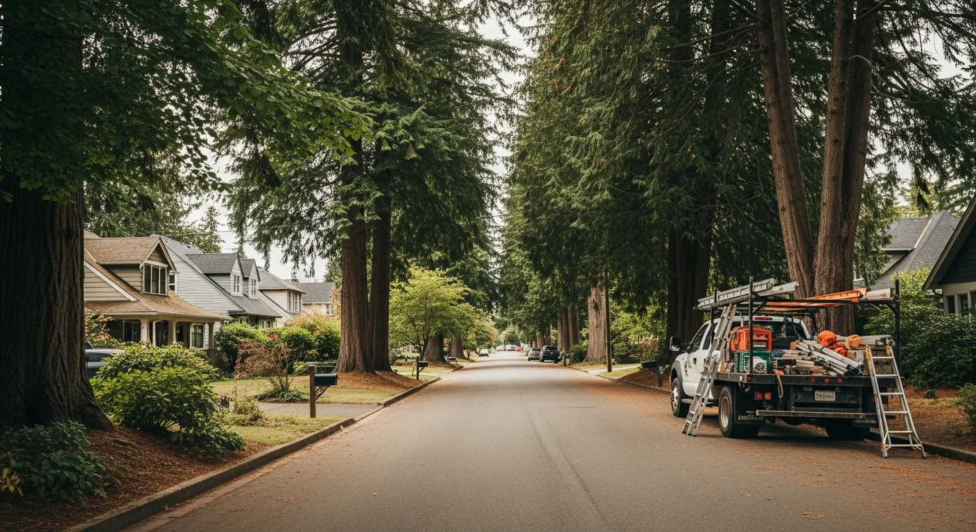 Residential street in Centralia with mature trees and well-maintained homes along a quiet neighborhood road.