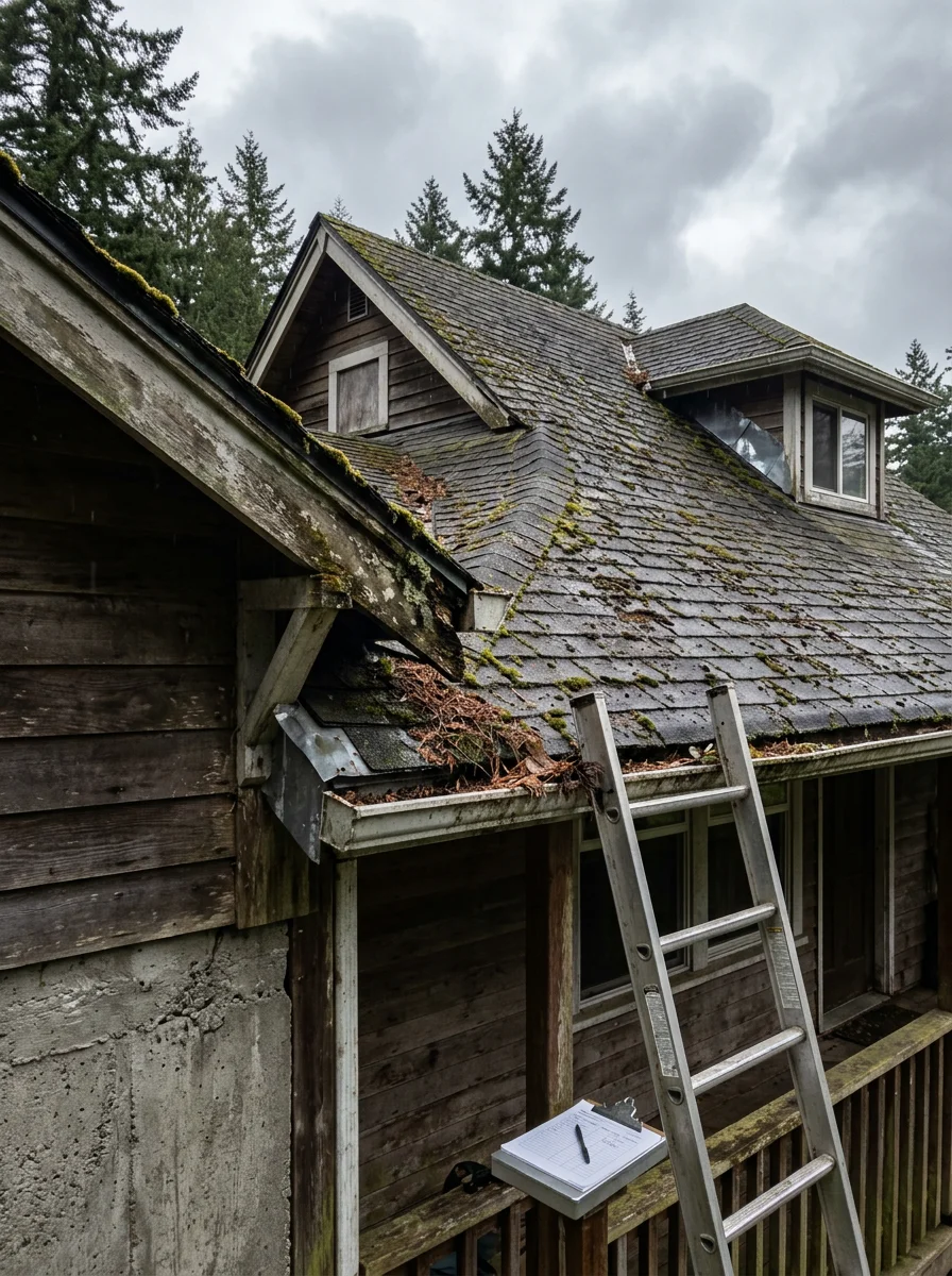 Roof inspection on older Chehalis home showing weathered shingles and moss growth from wet climate