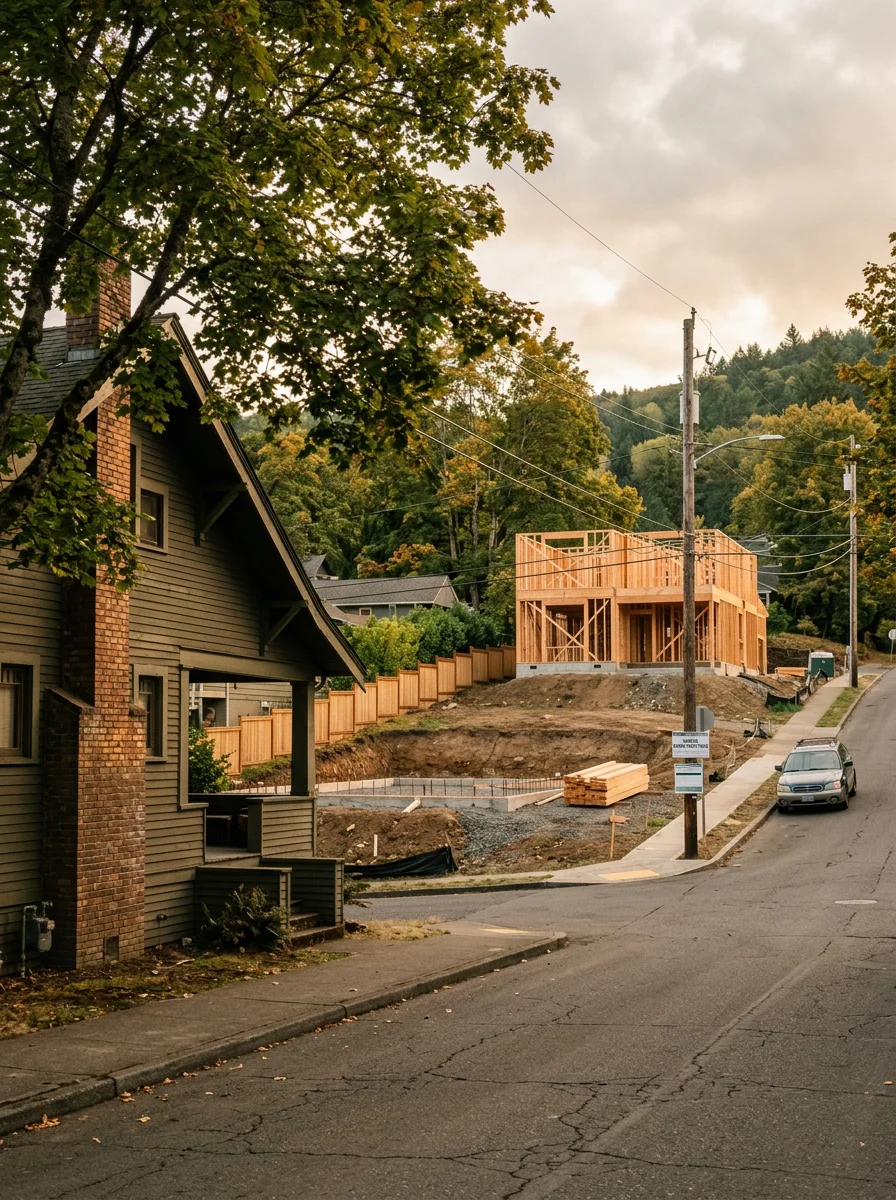 Mixed-age Kalama neighborhood with older downtown homes and newer subdivision construction on elevated terrain