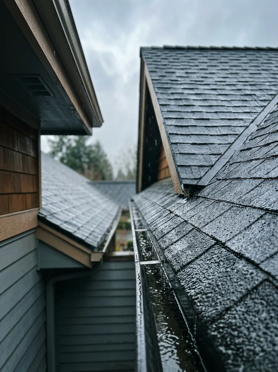 Kelso roofing contractor inspecting wet roof shingles after heavy rain