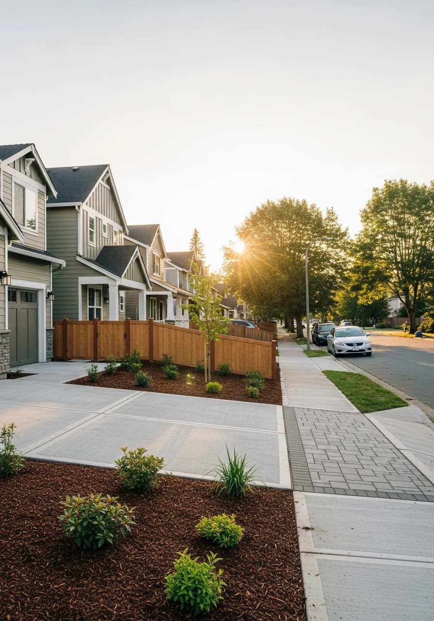 Modern Vancouver residential neighborhood with contemporary homes and manicured yards.