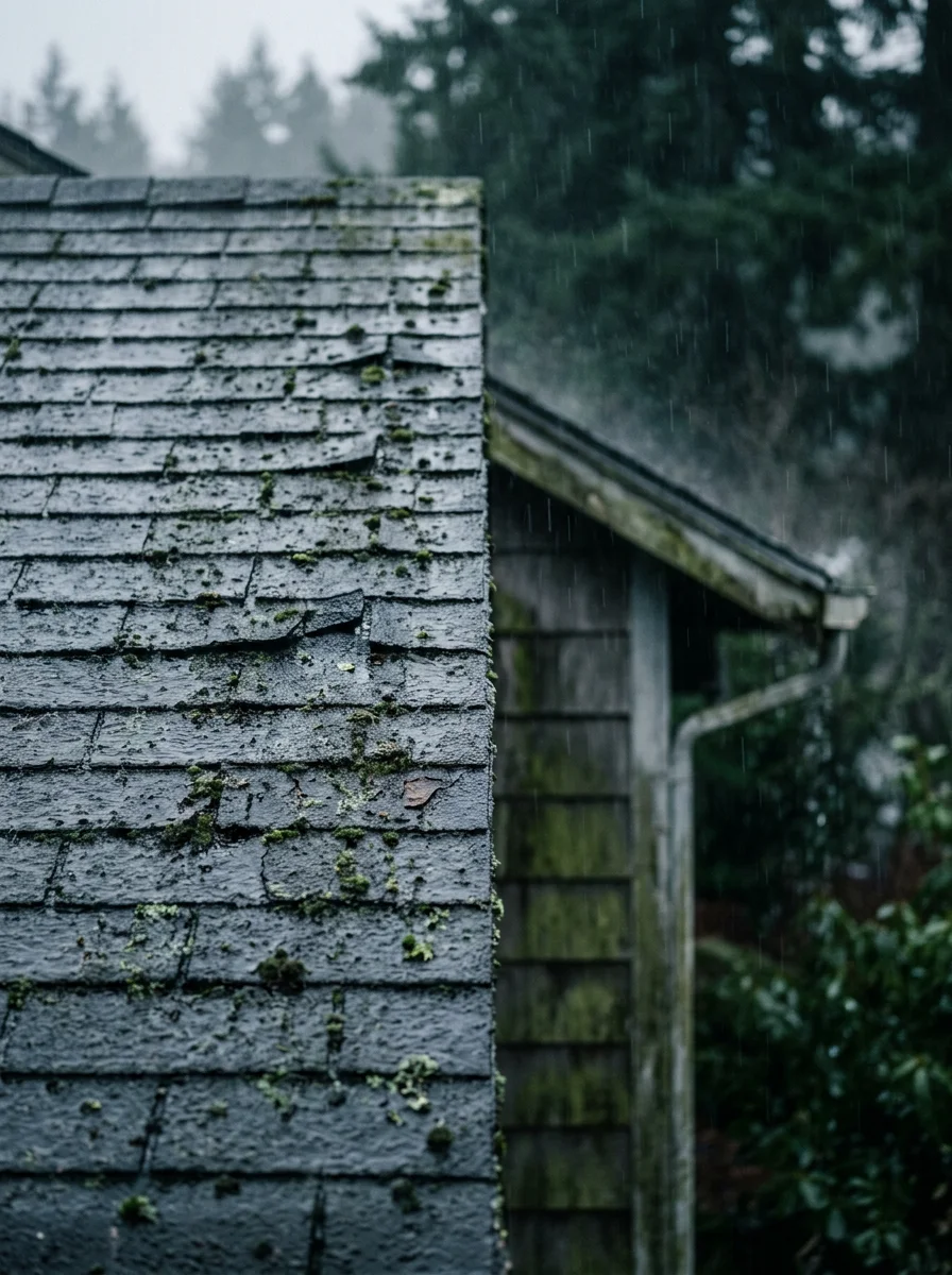 Wet winter conditions in Washougal showing roof and siding exposure to rain and wind