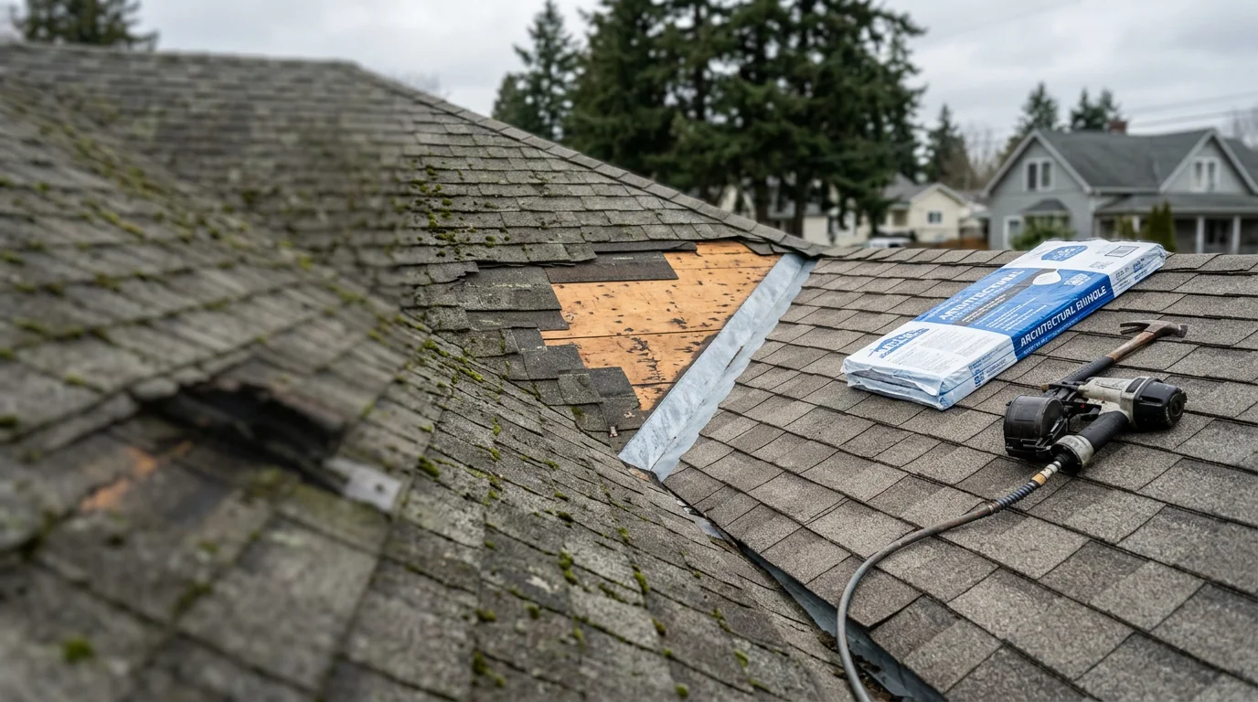 Freshly installed asphalt shingle roof on a residential home in Centralia, WA, with clean ridge lines and uniform shingle courses visible against a Pacific Northwest sky. Close view shows tight shingle laps and properly sealed flashing along the roofline.