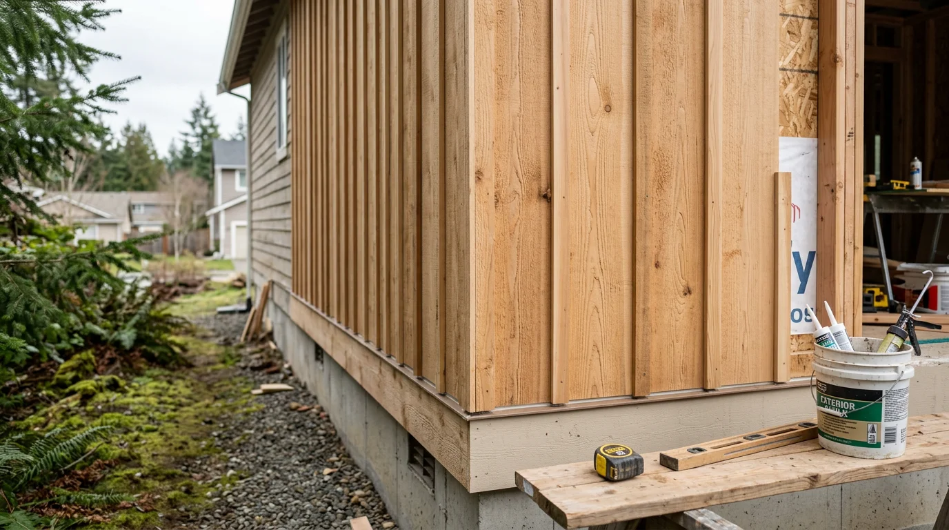 Freshly installed board and batten siding on a residential home in Centralia, WA, showing clean vertical lines and tight batten seams on the exterior wall face. The siding runs floor to roofline on a craftsman-style home set against a typical overcast southwest Washington sky.