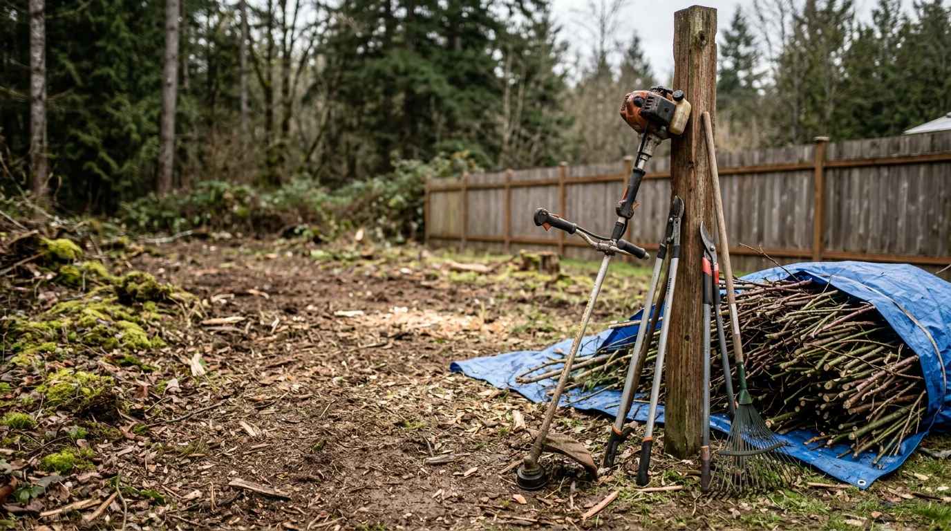 A cleared residential backyard in Centralia, WA after professional brush removal, showing open ground where dense blackberry canes and overgrown shrubs have been fully cut back and hauled away. The fence line and yard edges are clean and accessible.