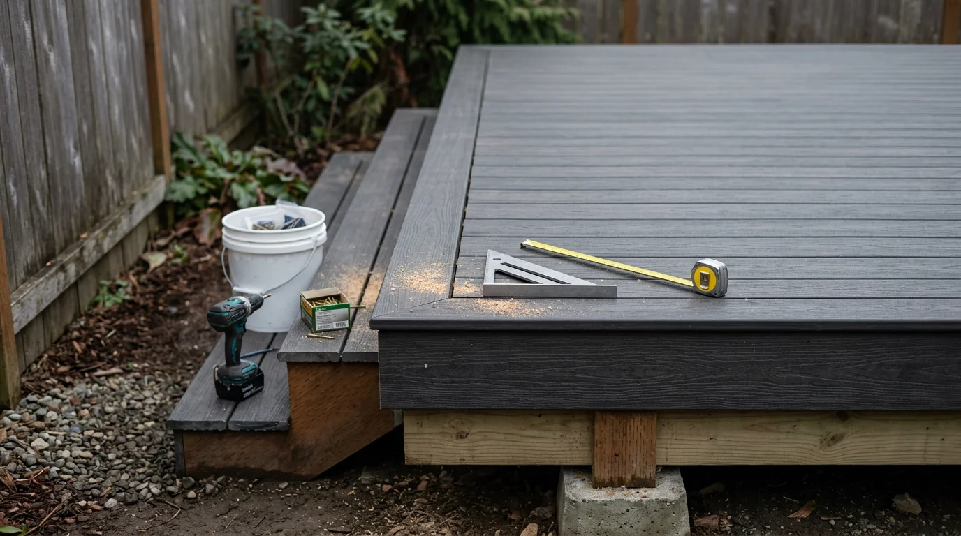 A newly installed composite deck on a single-family home in Centralia, Washington, featuring a clean wood-grain surface and open railing, surrounded by mature Pacific Northwest trees. The deck extends from the rear of the home with a consistent board layout and no visible weathering.
