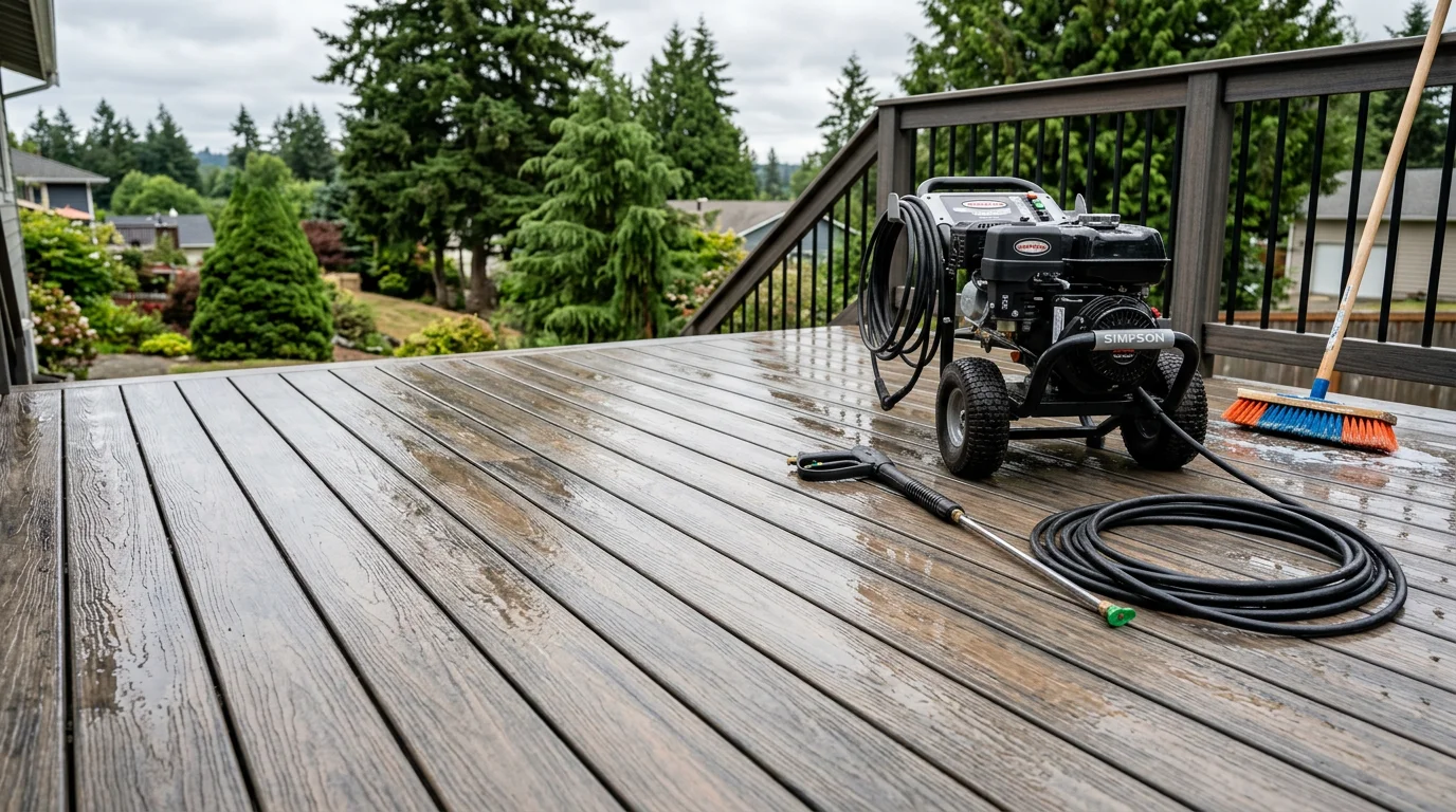 A cleaned wood deck in Centralia, WA with moss and algae fully removed, showing restored board color and a clear, safe surface. The surrounding yard reflects the Pacific Northwest's tree-lined, moisture-rich environment.