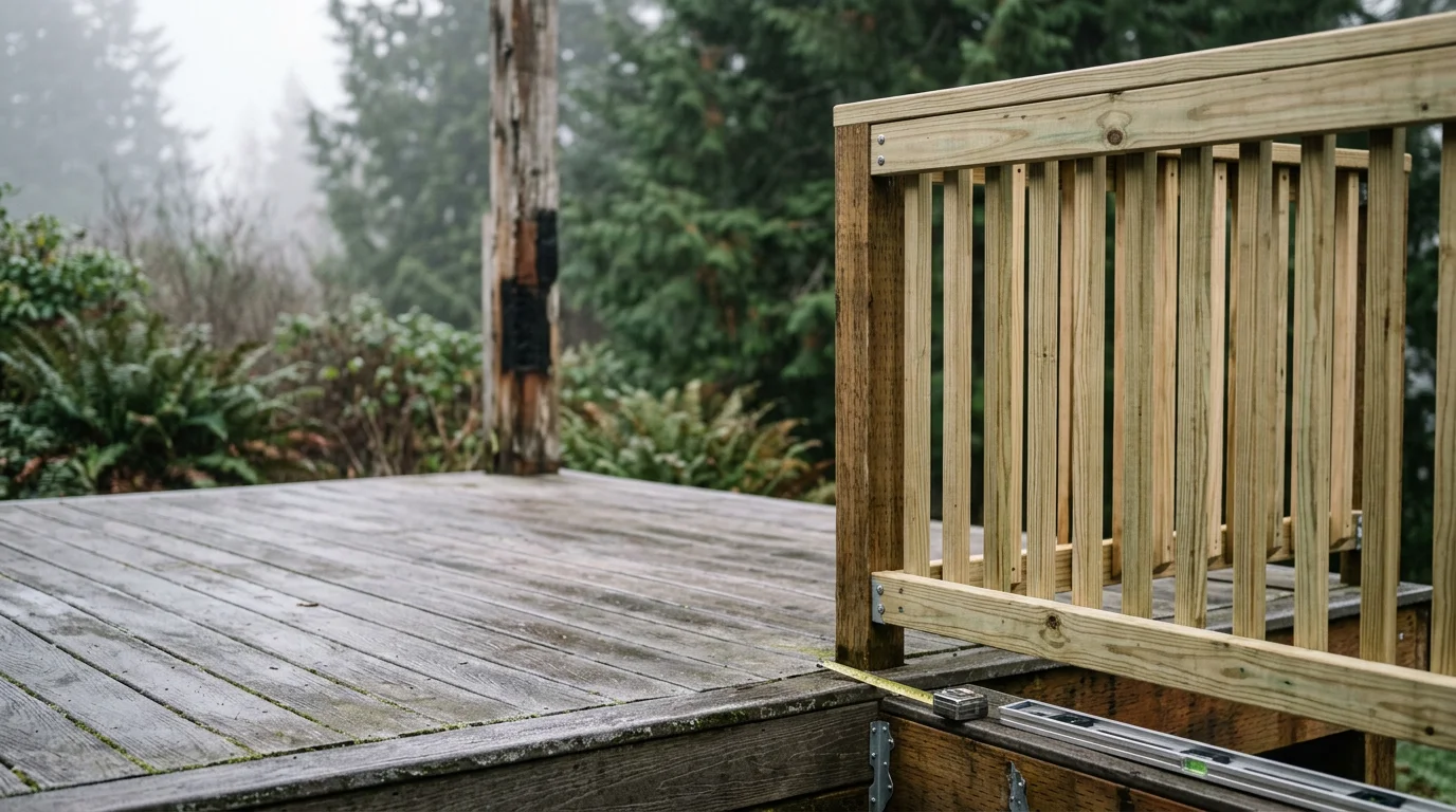 Newly installed deck railing on a residential home in Centralia, Washington, with evenly spaced balusters and a secure top rail built to Washington State code. The railing surrounds an elevated wood deck in a typical southwest Washington backyard setting.