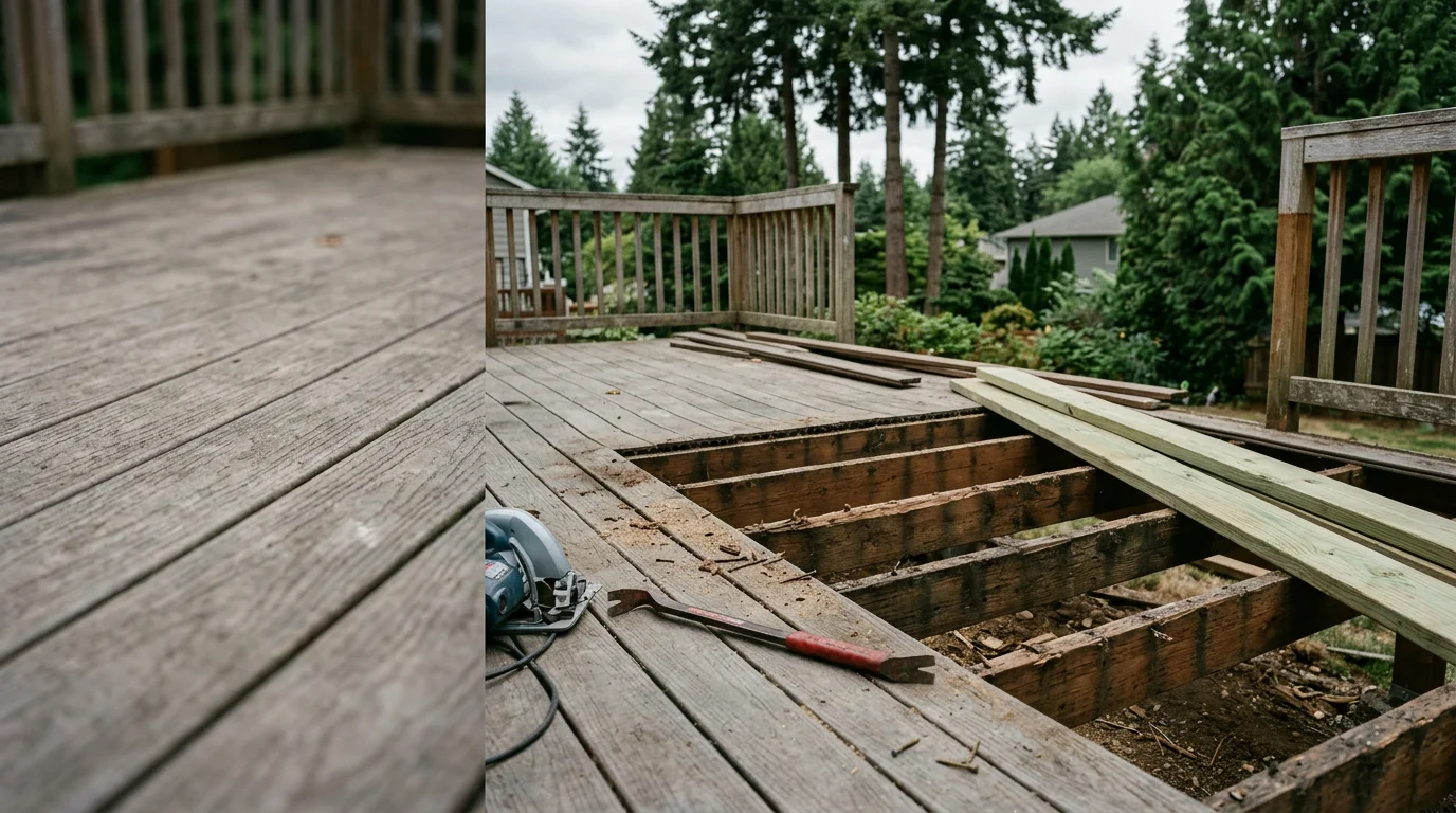 Repaired wood deck on a residential home in Centralia, WA showing replaced boards, secured railings, and a clean finished surface ready for use. Close view of the deck frame and new decking boards after a professional repair by Pacific Construction and More LLC.