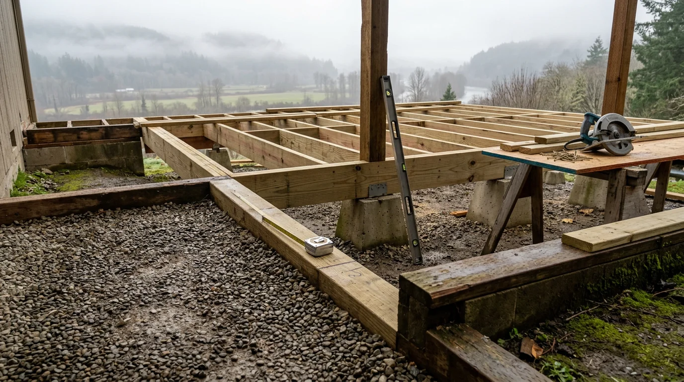 A newly replaced wood deck attached to a residential home in Centralia, WA, with clean framing, fresh decking boards, and secure railings visible against a Pacific Northwest landscape. The old rotted structure has been fully removed and rebuilt from the ground up.