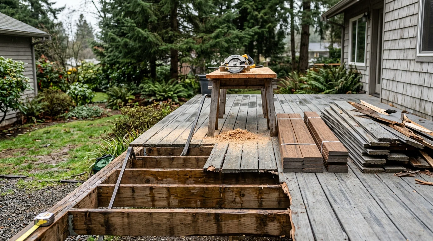 A resurfaced backyard deck in Centralia, WA with fresh boards and clean railings, set against a typical Pacific Northwest residential home. The finished surface shows no splintering or cupping, ready for outdoor use.