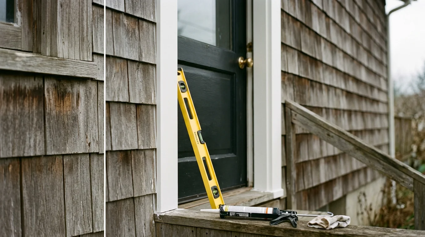 Freshly installed white door and window trim on a residential home exterior in Centralia, WA, with clean miter joints and tight seams against the siding. Close-up view shows precise fit at the window frame corner with no visible gaps.
