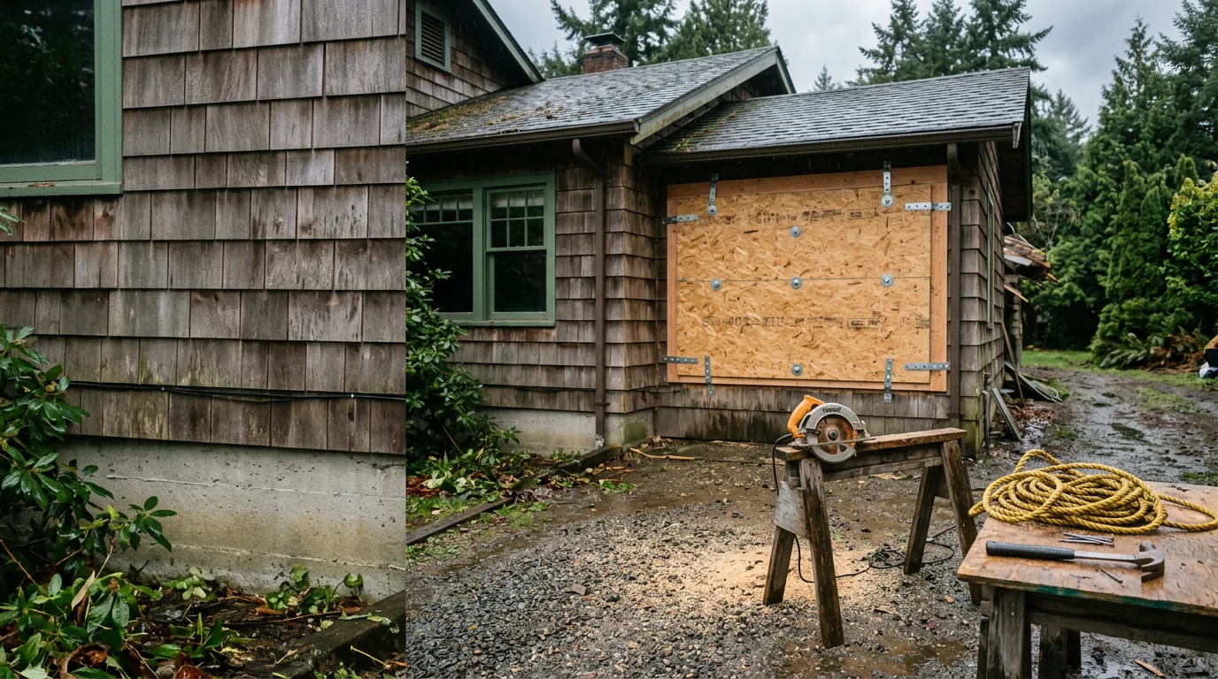 A boarded-up window on a residential home in Centralia, WA following storm damage, with plywood panels secured tightly over the opening. The surrounding siding shows signs of wind and weather impact typical of southwest Washington storm events.