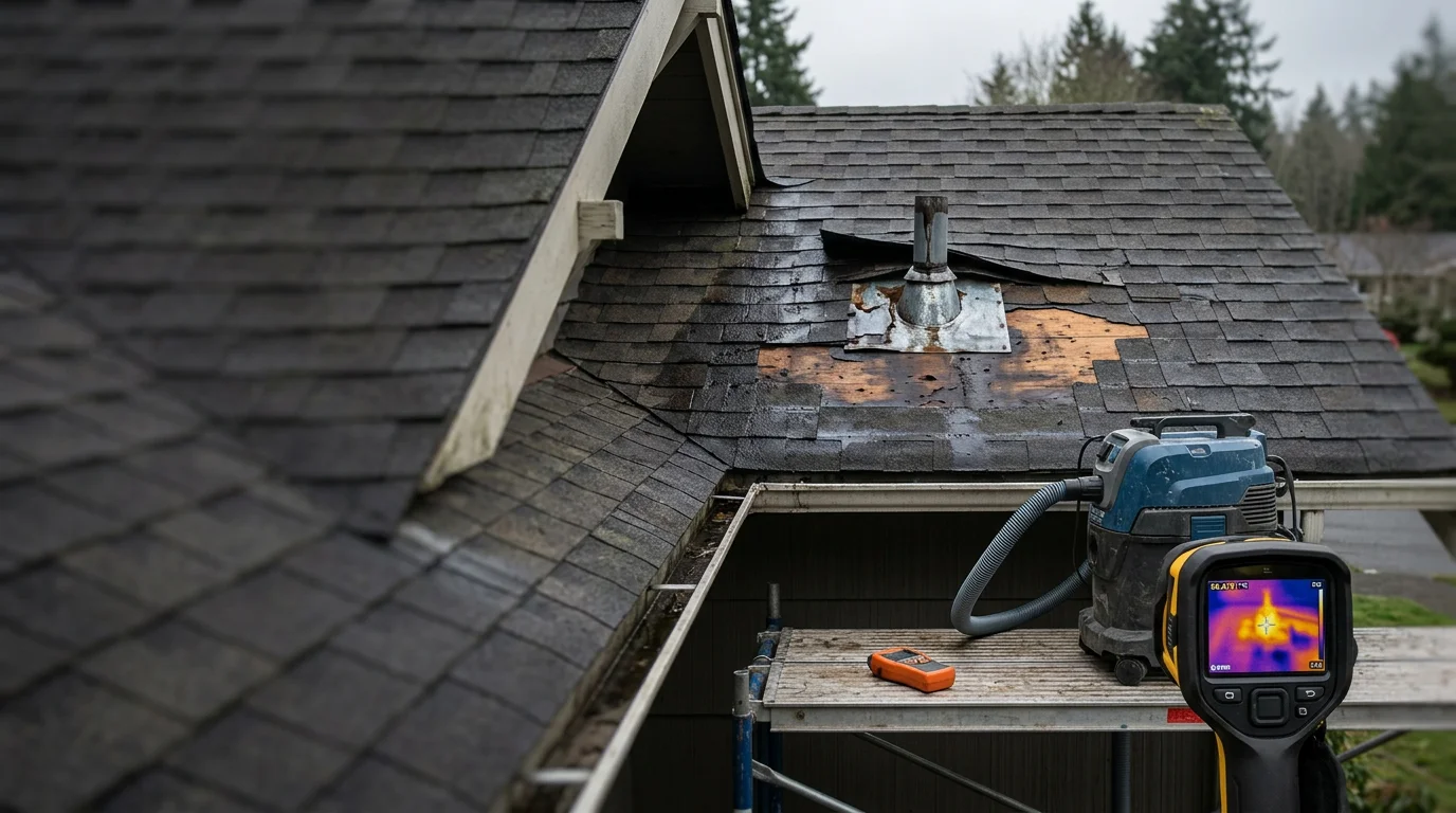 A contractor repairing damaged roof flashing on an older single-family home in Centralia, WA after a rain event. Water staining is visible on the fascia below the repair area.
