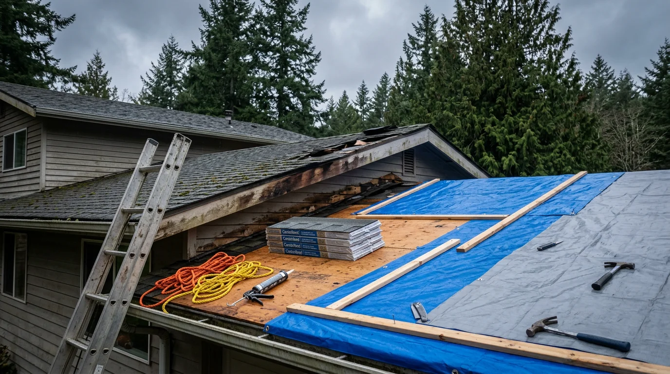 A damaged residential roof in Centralia, WA showing missing shingles and exposed decking after a windstorm. A roofing contractor from Pacific Construction & More, LLC inspects the affected area during an emergency repair visit.