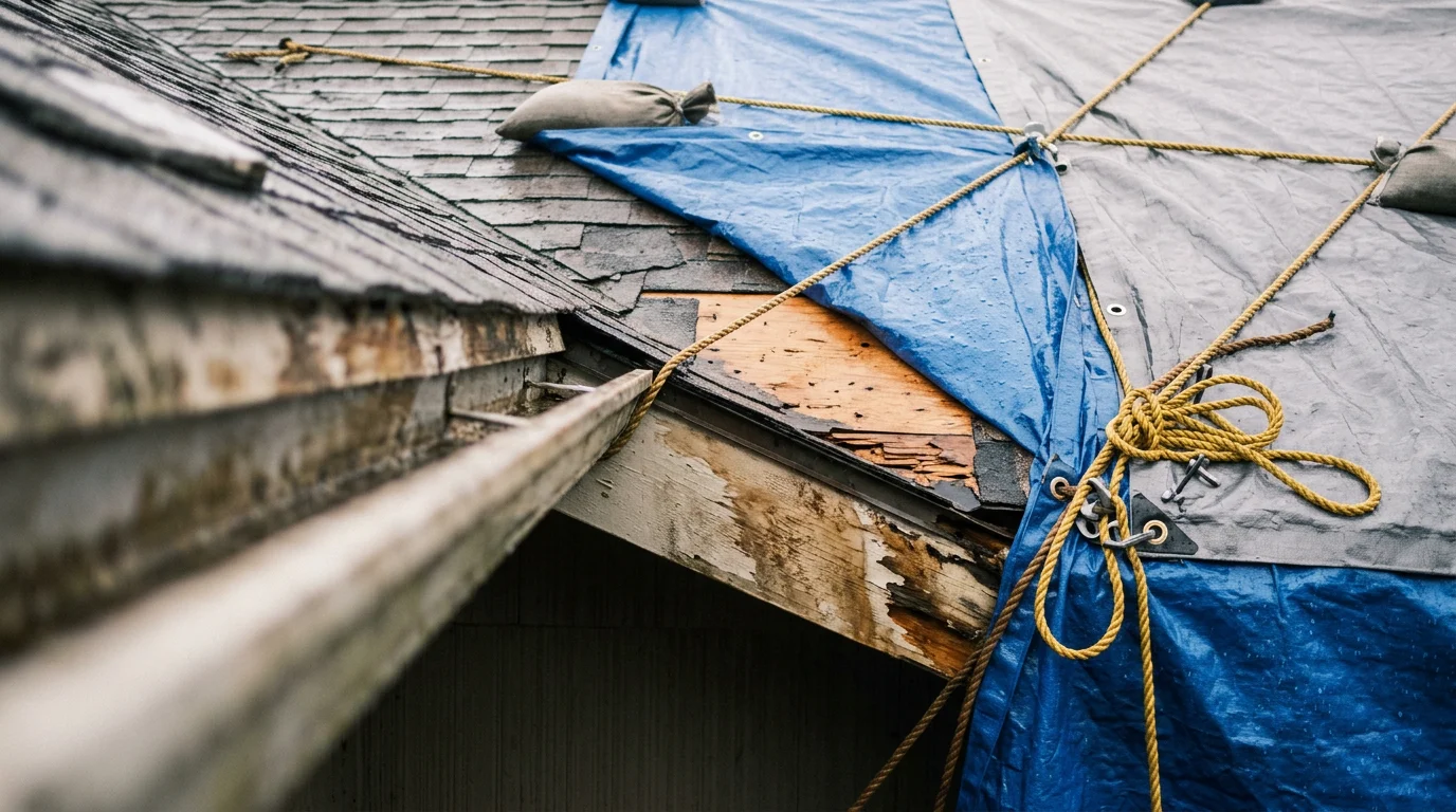 A storm-damaged residential roof in Centralia, WA covered with a secured blue tarp after wind damage removed shingles. A Pacific Construction and More crew member inspects the tarp edges on a wet Pacific Northwest afternoon.