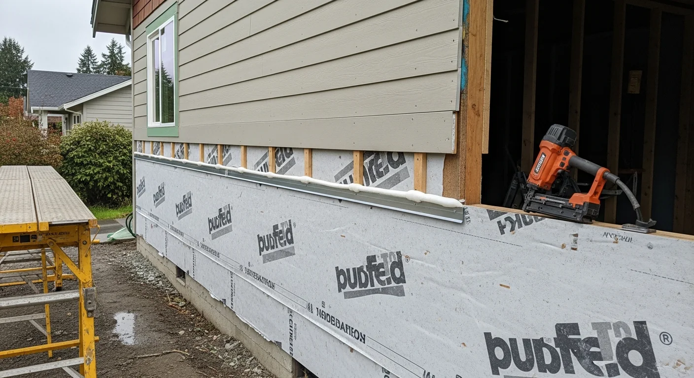 Freshly installed exterior cladding on a single-family home in Centralia, WA, showing uniform panel alignment and sealed seams along the front elevation. The completed wall system reflects a clean, weather-ready finish suited to the wet Pacific Northwest climate of Lewis County.