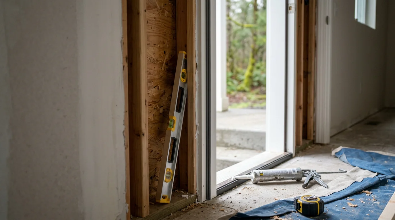 A newly installed exterior entry door on a single-family home in Centralia, WA, with clean trim work and a properly sealed frame. The door sits flush and level against the exterior wall, showing a finished installation ready for the Pacific Northwest climate.
