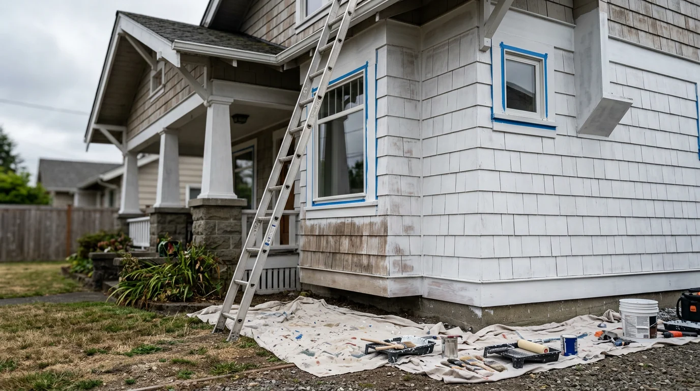 A freshly painted craftsman-style home exterior in Centralia, WA with clean trim lines and uniform color across the siding and fascia. The finished surface shows no peeling or weathering typical of Pacific Northwest moisture exposure.