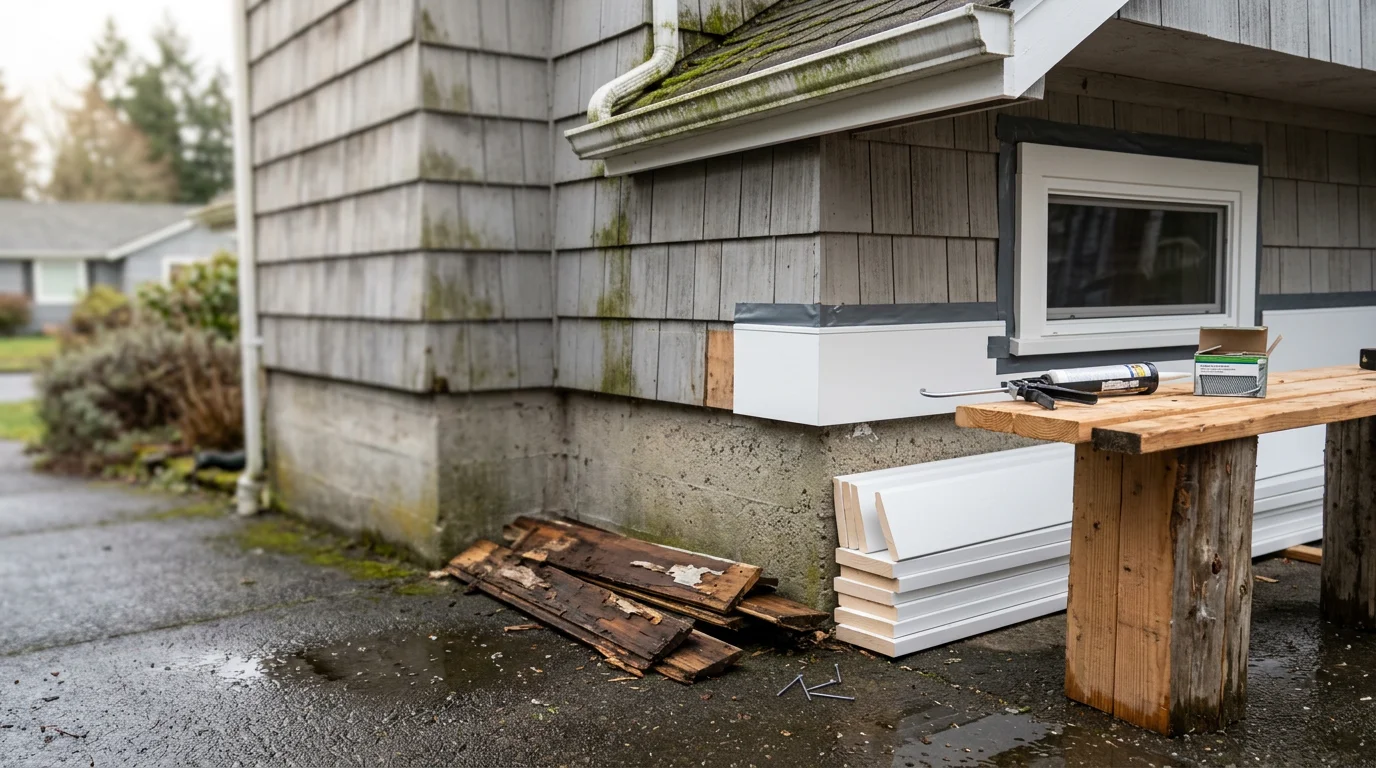 Freshly installed exterior trim around a window on a residential home in Centralia, Washington, showing clean corner boards and sealed casings against a painted siding field. Close view highlights tight joints and finished edges typical of southwest Washington home exteriors.