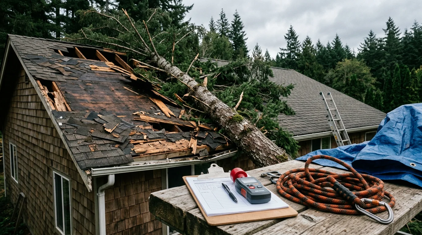 A Centralia, Washington home with visible roof and siding damage from a fallen tree after a Pacific Northwest windstorm. Repair work in progress showing exposed roof decking and damaged wall framing being assessed by a contractor.
