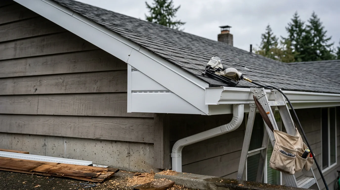 Freshly replaced fascia and soffit boards along the roofline of a residential home in Centralia, Washington. The roofline shows clean, properly fitted boards with gutters re-secured and aligned after repair.