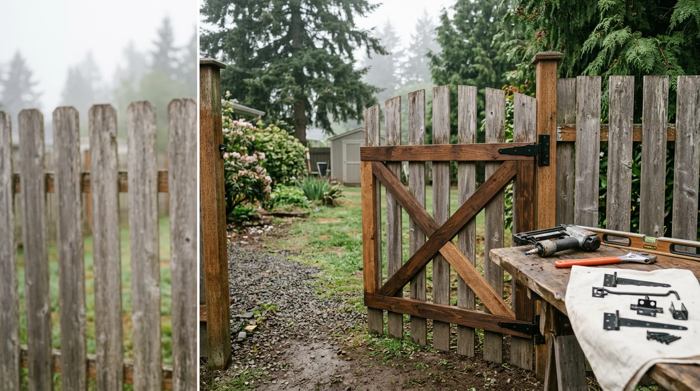 A repaired wooden fence gate in a Centralia, WA residential backyard, showing a properly aligned frame, new hardware, and a straight post set against a green lawn. The surrounding fence panels are intact and the gate closes flush with the latch engaged.