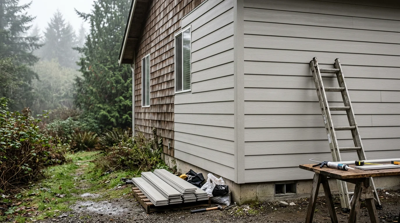 Freshly installed fiber cement siding on a residential home in Centralia, WA, showing clean panel lines and a smooth painted finish. The exterior reflects a well-protected home ready for the Pacific Northwest's wet seasons.