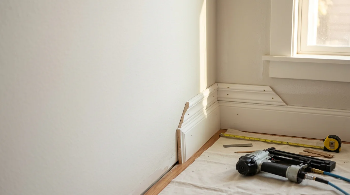 Freshly installed crown molding and door casing trim in a Centralia, WA home interior, showing tight corner joints and a smooth paint-ready surface. The trim work reflects the character of an older Washington home updated with precise finish carpentry.