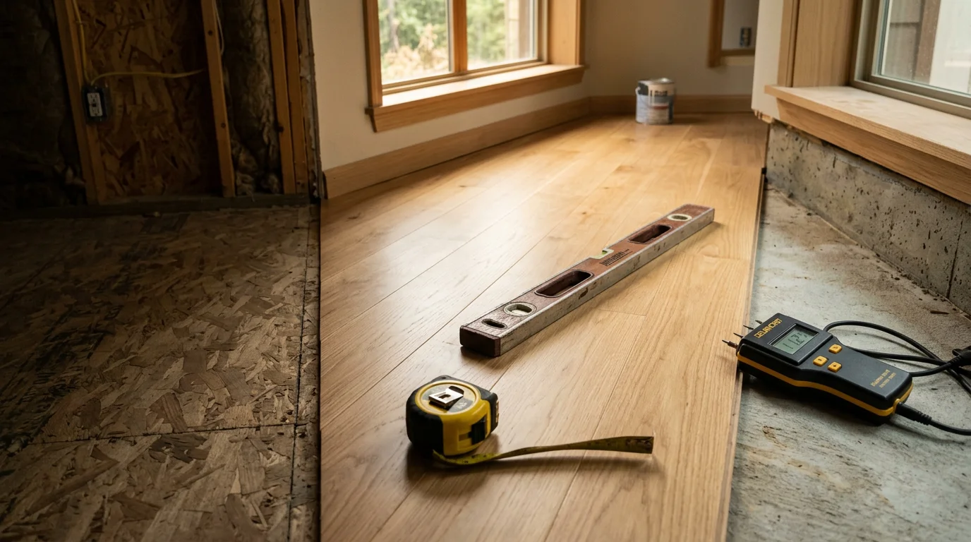 Freshly installed flooring in a single-family home in Centralia, WA, showing clean plank lines running through an open living area. The subfloor is fully covered with no gaps or uneven transitions at the room edges.