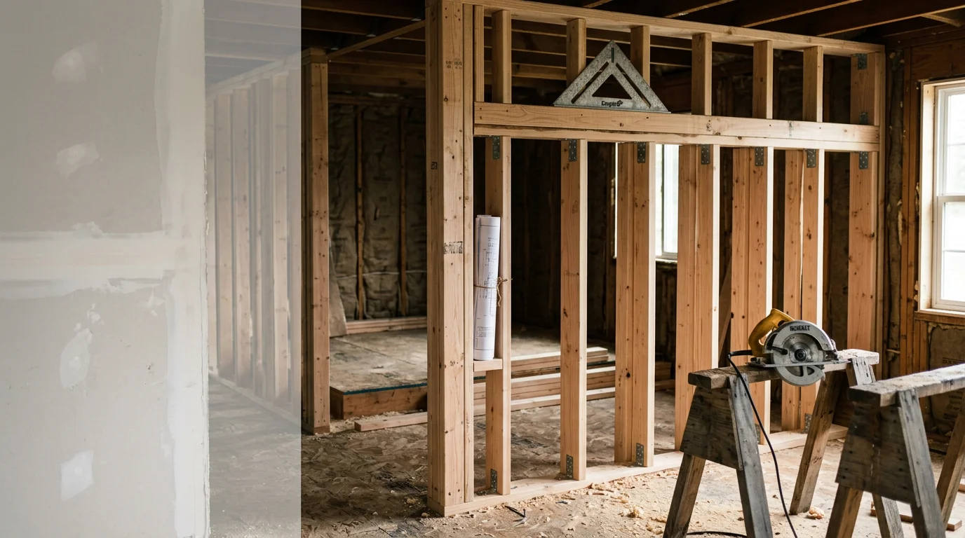 Interior framing of a residential room addition in Centralia, WA, showing wood stud walls and floor framing in progress. A local home remodel with exposed structural framing ready for insulation and drywall.