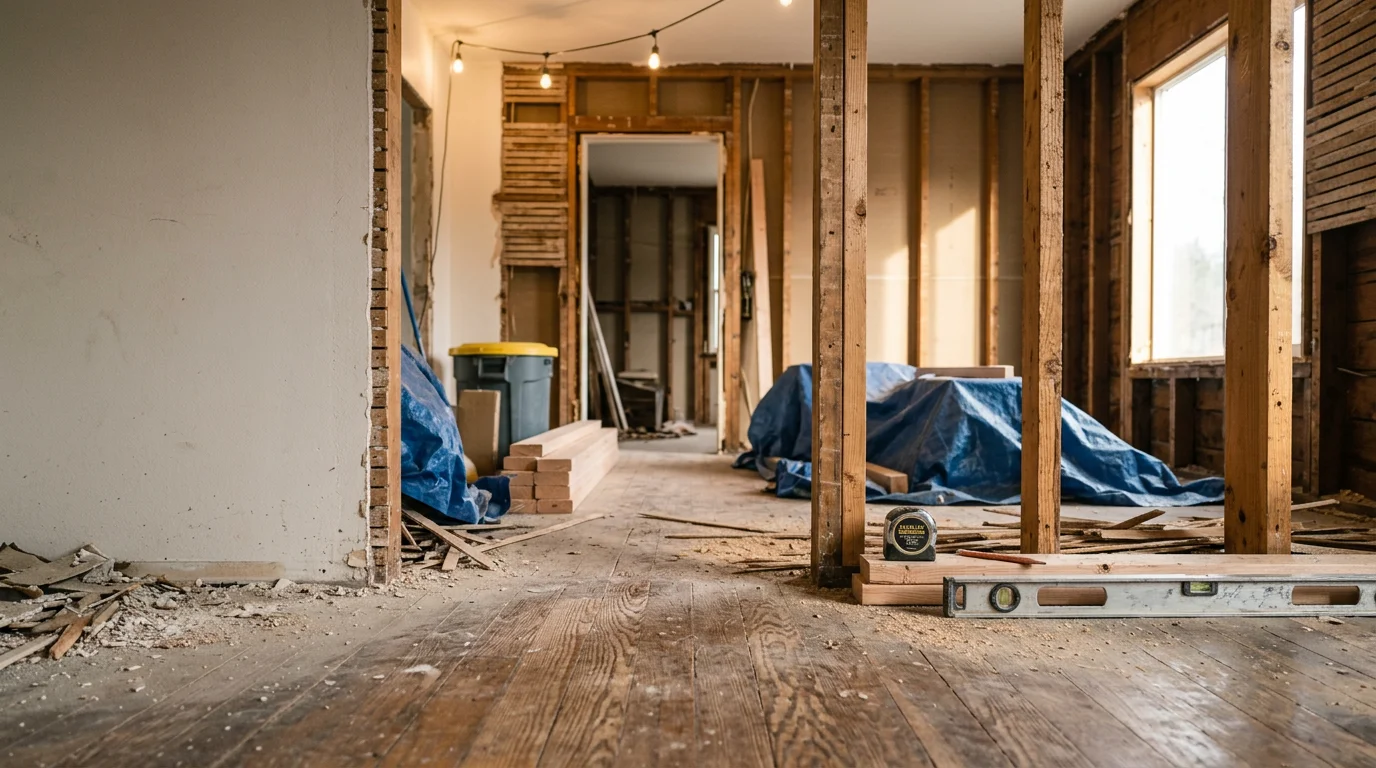 Remodeled interior of a Centralia, WA home showing an updated open-concept living and kitchen area with new flooring and refreshed wall finishes. The space reflects a full interior renovation of a mid-century style house common in the Centralia area.