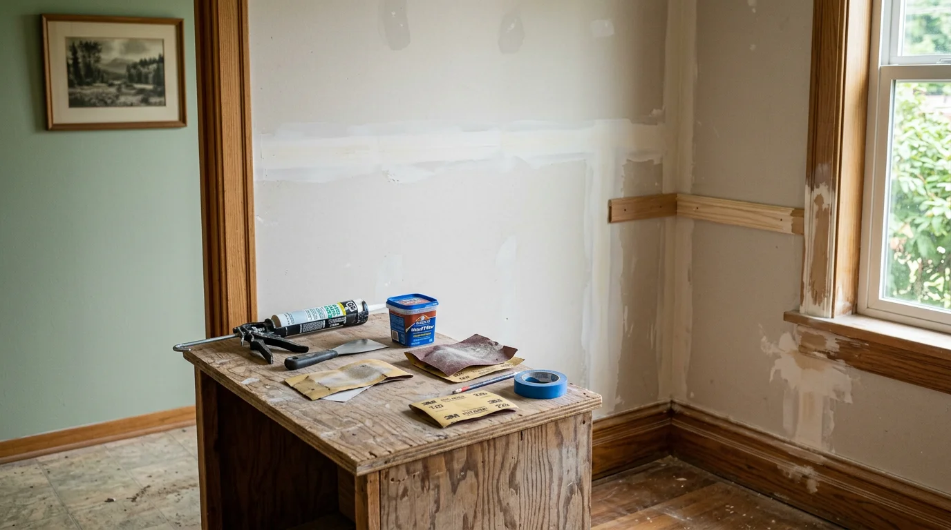 A handyman repairing weathered wood trim on the exterior of an older single-family home in Centralia, WA. The work area shows careful preparation with clean edges and fresh material ready for finishing.