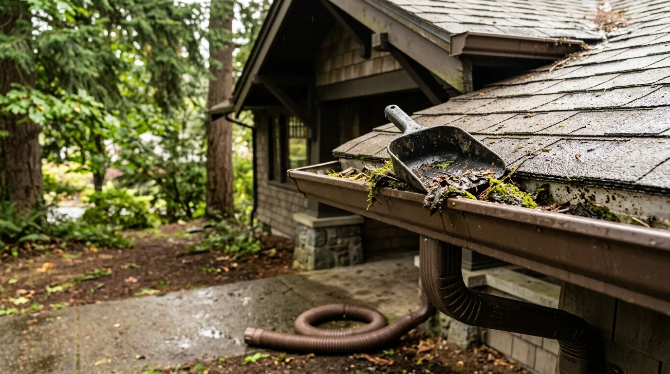 A technician clearing packed leaf and debris buildup from the gutters of a Craftsman-style home in Centralia, WA. Downspout is flushed and water flows cleanly away from the foundation.