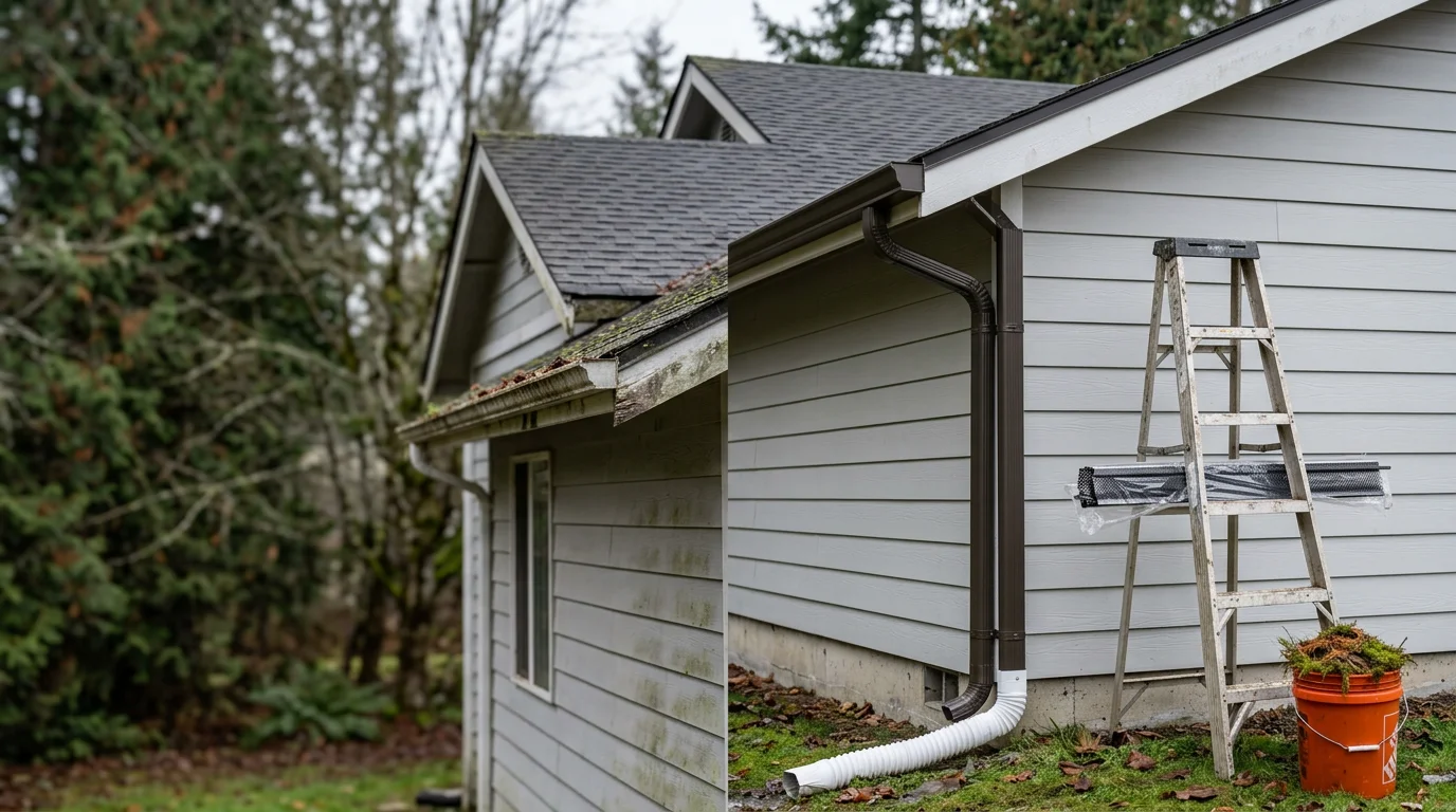 Freshly installed gutters on a residential home in Centralia, WA, with downspouts directing water away from the foundation along a tree-lined property. Close view shows clean fascia attachment and properly pitched gutter run ready for Pacific Northwest rainfall.