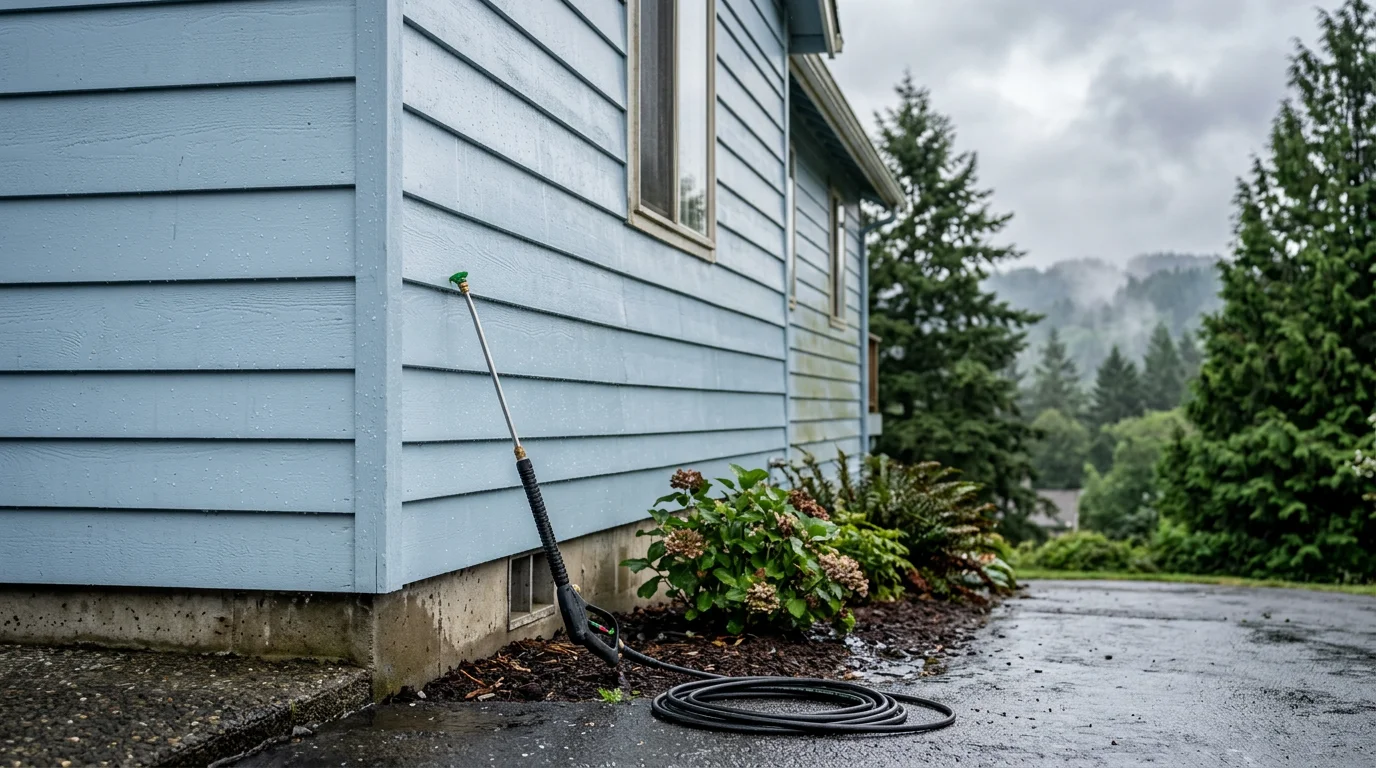 A residential home exterior in Centralia, WA showing clean vinyl siding with moss, algae streaks, and organic staining fully removed after professional house washing service. The home's trim and soffits are visibly clear of biological growth.