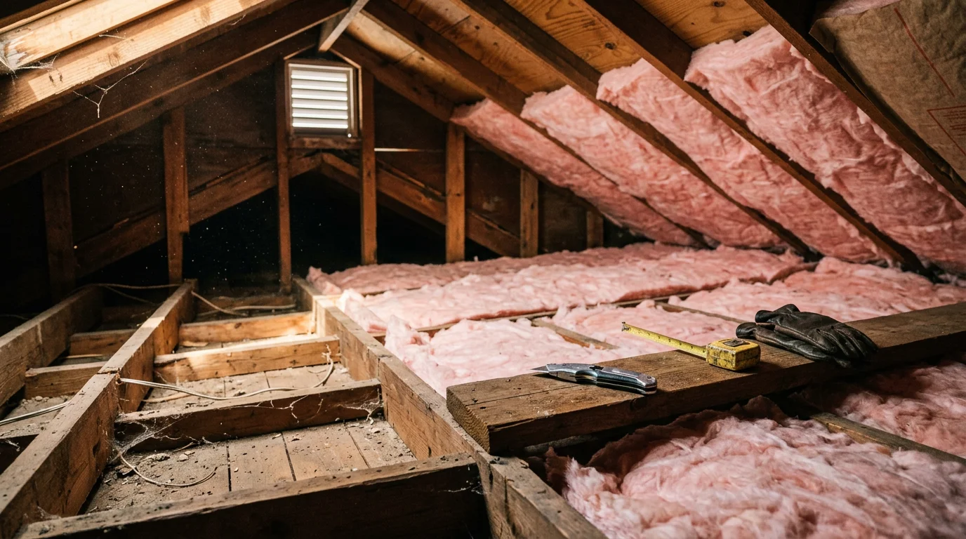 A Centralia, WA home interior showing freshly installed insulation in an attic space, with clean, even coverage across the ceiling joists. The work reflects a careful installation in a Pacific Northwest home built to handle wet winters and variable temperatures.