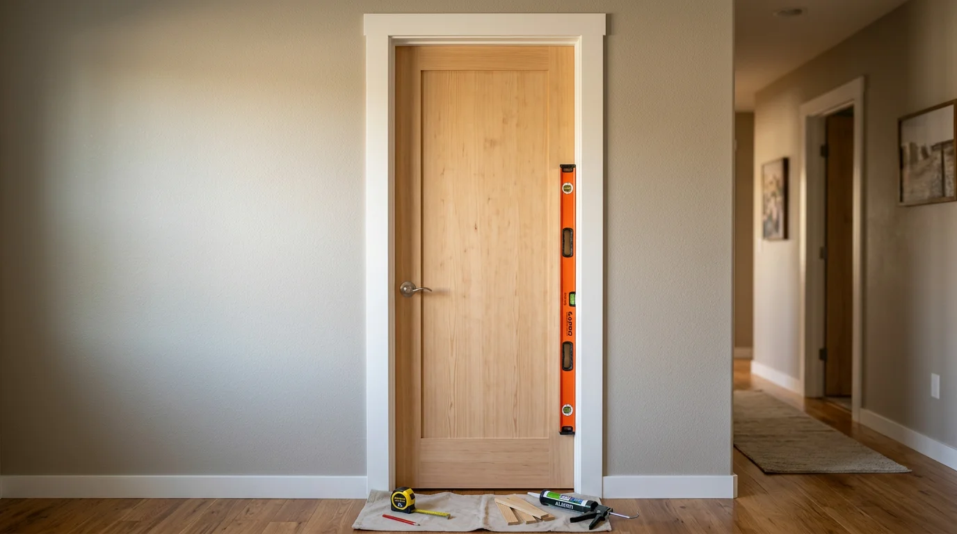 A newly installed interior door with clean trim and smooth hardware in a Centralia, WA home. The door sits flush in a properly fitted frame with no visible gaps along the jamb.