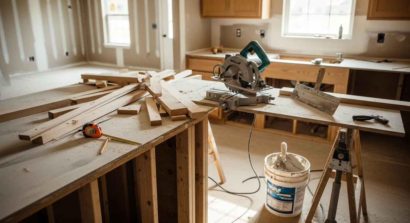 Freshly remodeled interior of a Centralia, WA home showing an open kitchen with updated cabinetry and new flooring. The space reflects a renovation of a mid-century style house common in the Centralia area.