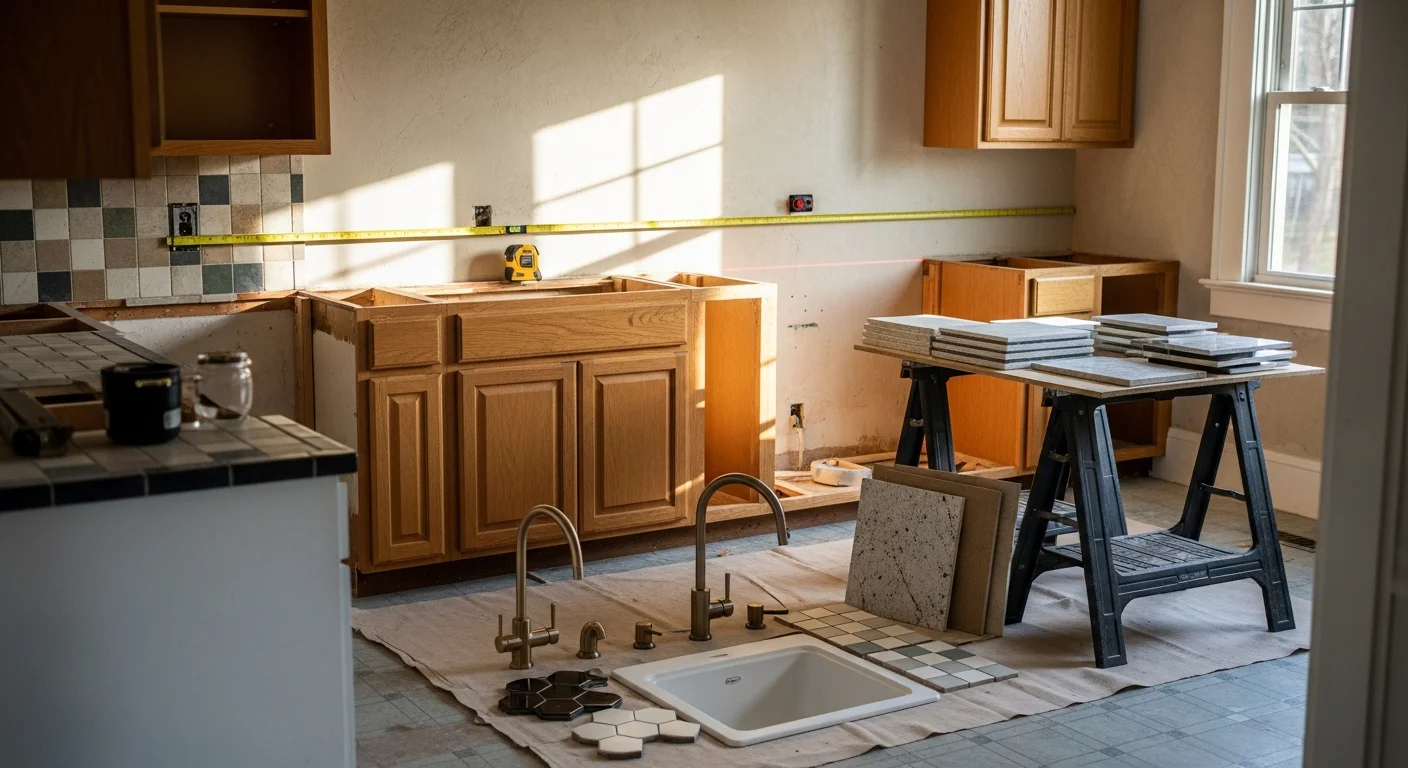 Remodeled kitchen interior in a Centralia, WA single-family home showing new cabinetry, updated countertops, and reconfigured layout. Work completed by Pacific Construction & More, LLC as part of a full kitchen remodel project.
