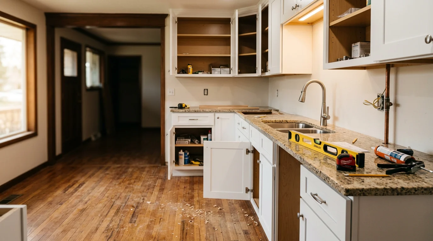 Remodeled kitchen interior in a Centralia, WA home showing updated cabinetry, new countertops, and refreshed flooring. The space reflects a layout reconfigured from an older home's original narrow design.