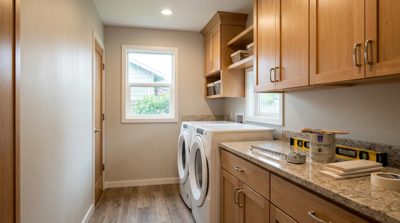 A remodeled laundry room in a Centralia, WA home featuring built-in cabinetry, a folding countertop, and durable moisture-resistant flooring. The finished space is clean, organized, and built for daily use in the Pacific Northwest climate.